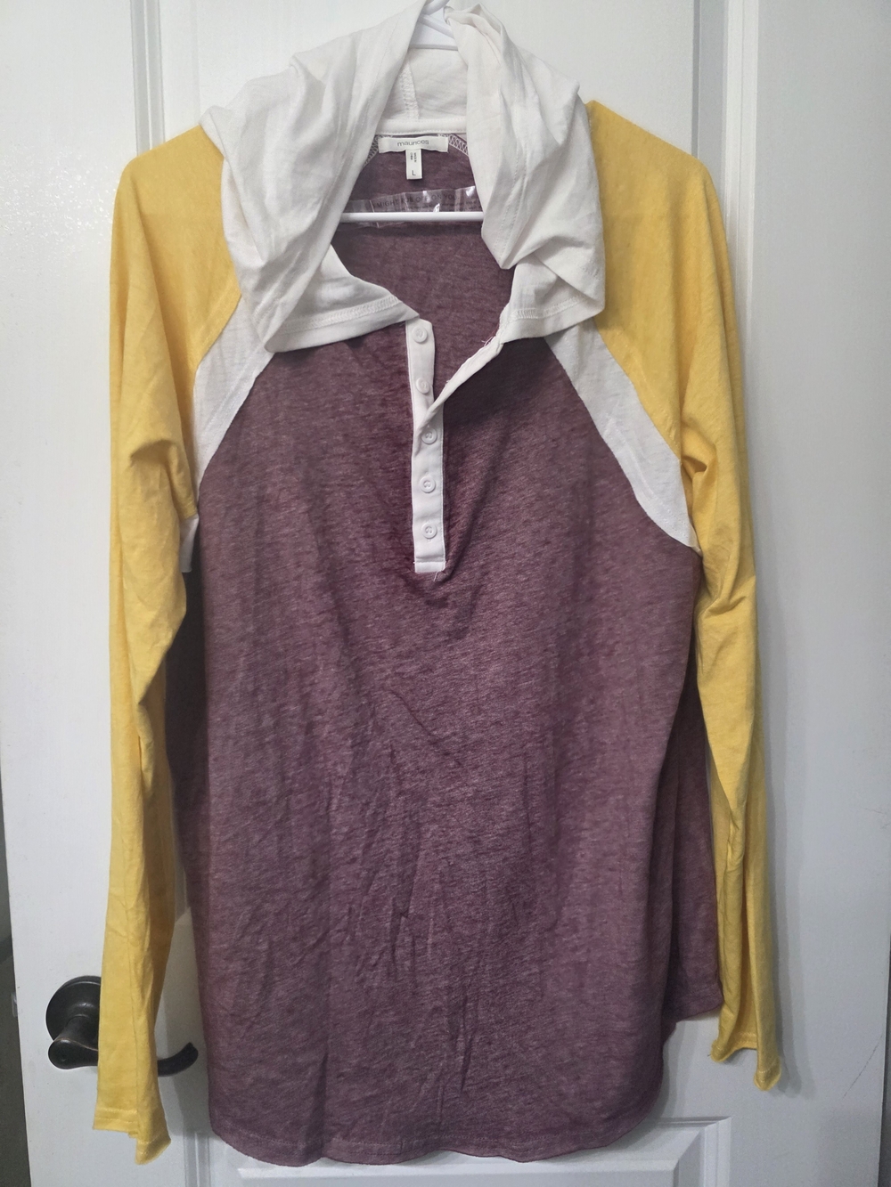 Maurices Maroon, Yellow & White Raglan Henley Hoodie Top